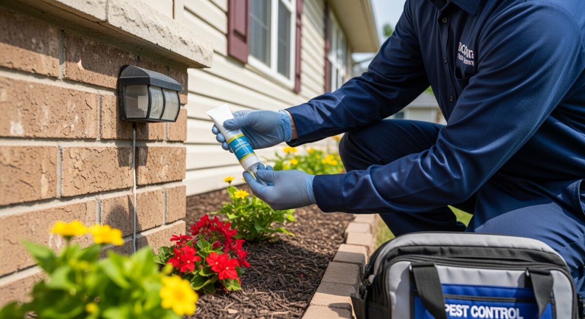 A pest technician baiting ants using a natural pest control technique.